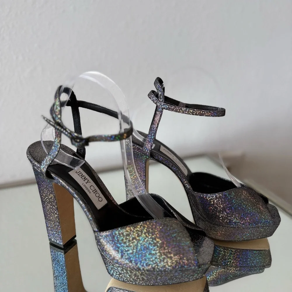 New JIMMY CHOO Sacaria Glitter Platform Sandal $925 40